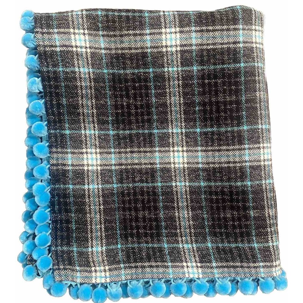 HAND MADE Flannel BLANKET Black Turquoise Plaid Ball Pom Fringe Tablecloth 44x52